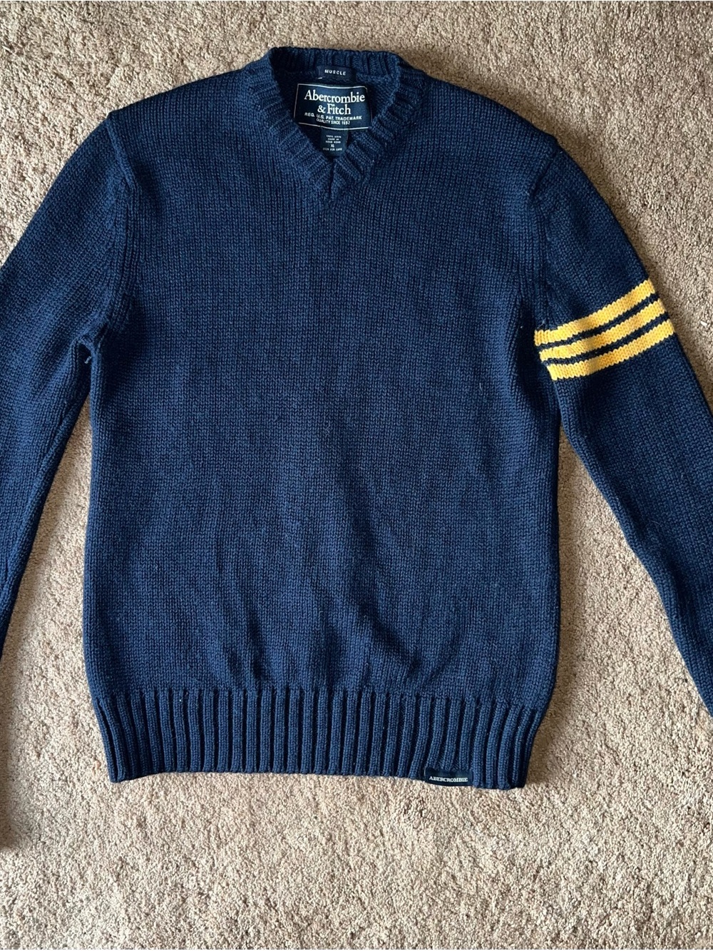 Abercrombie & Fitch Navy V-Neck Sweater with Yellow Arm Stripes